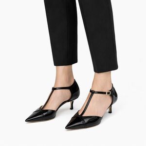 Salvatore Ferragamo Black Patent T-Strap Kitten Heel Pointed Toe Classic36.5
